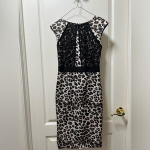 New York & Company Leopard Print Midi Dress with Black Lace